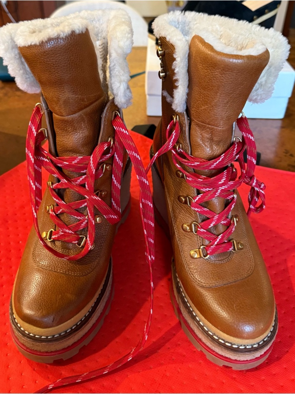 Tory Burch Tan Leather Faux-Shearling Hiking Boots with Red Laces